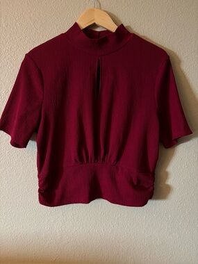 Brea Canyon Wine Red Mock Neck Blouse Gathered Waist Top XL